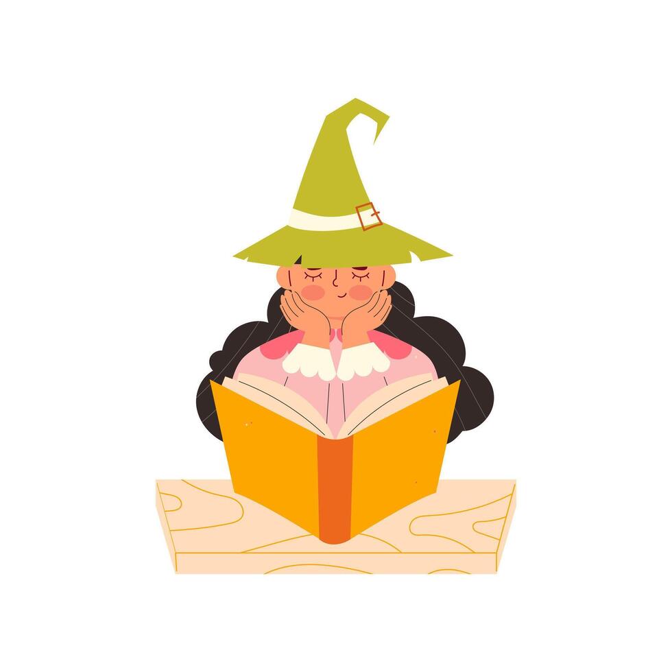 Cute witch reading a book. Childrens magic elements vector