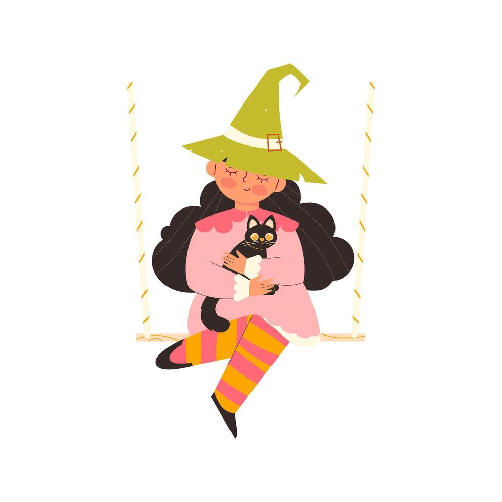 kids magic elements. Cute witch with black cat. Witchcraft and magic vector