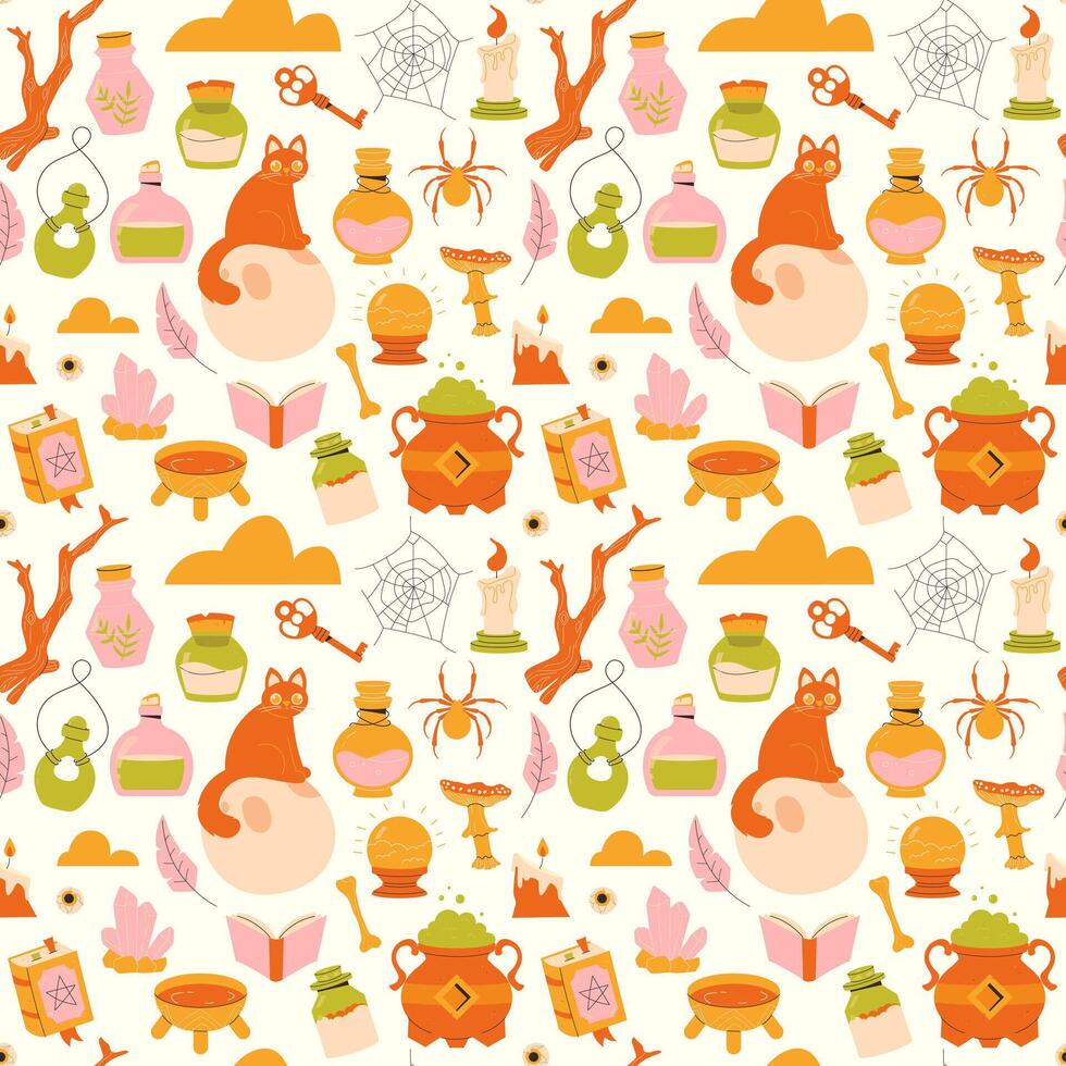 childrens cute background. Witchcraft and magic seamless pattern on a light background vector