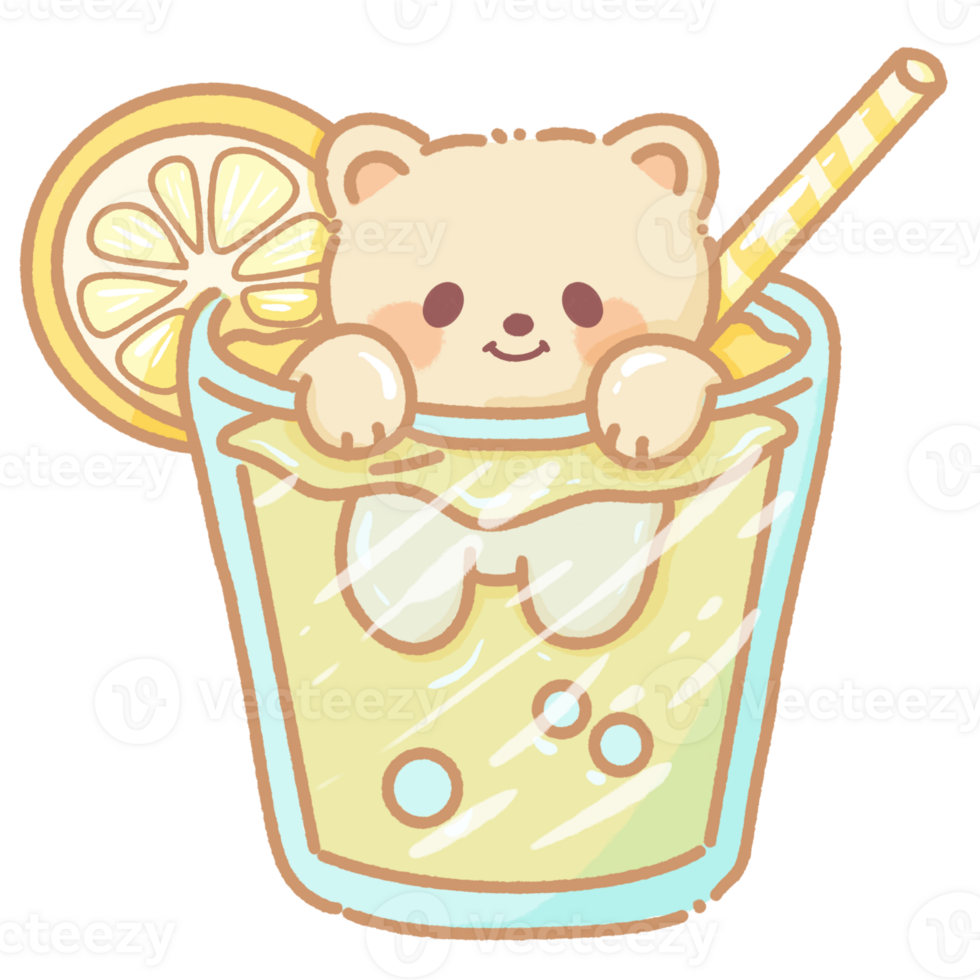 Hand drawn illustration kawaii yellow beige teddy bear inside a glass of lemonade png