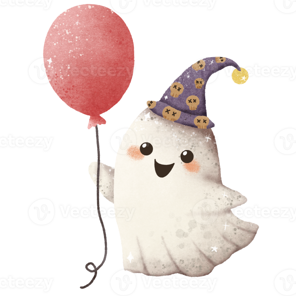 Watercolor Hand drawn illustration cute ghost holding a red balloon isolated spooky halloween cartoon character element png