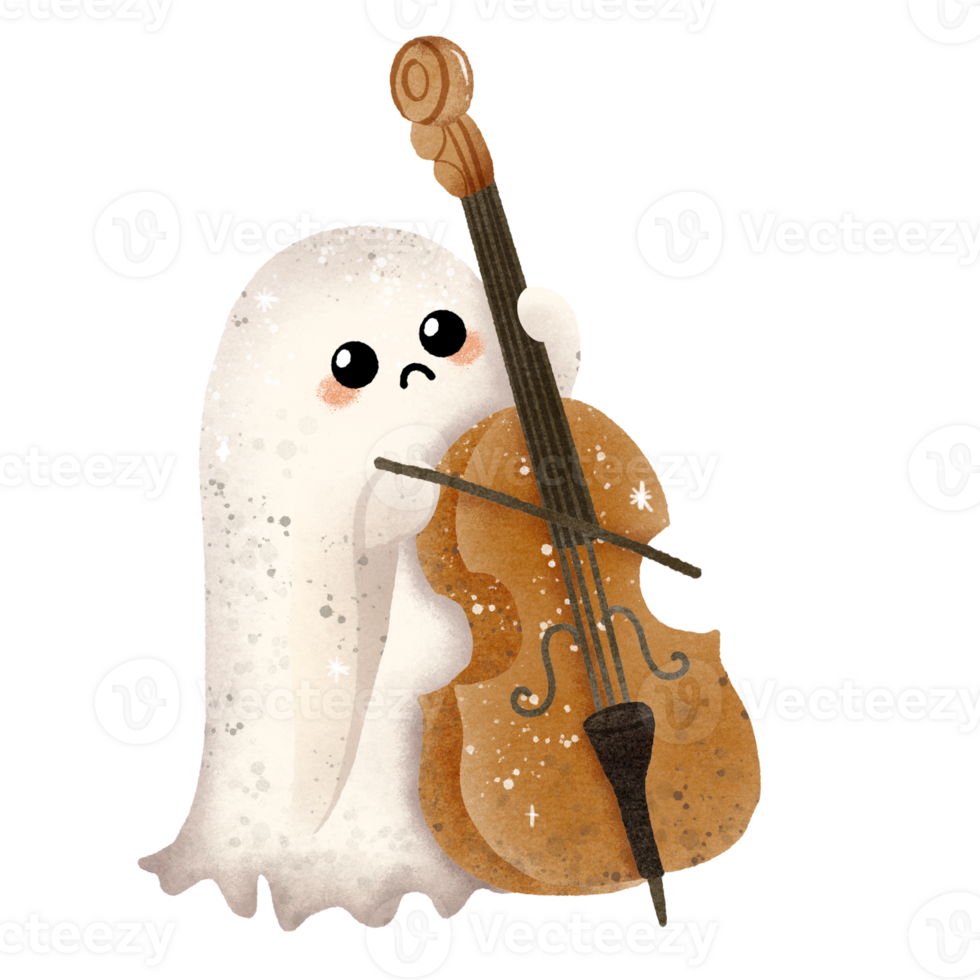 Watercolor Hand drawn illustration cute ghost playing a cello isolated spooky halloween cartoon character element png