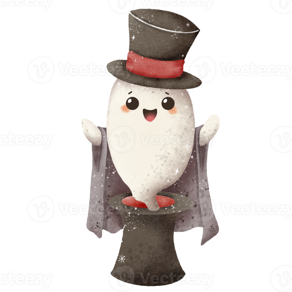 Watercolor Hand drawn illustration cute ghost dressed as a magician isolated spooky halloween cartoon character element png