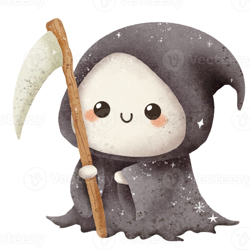 Watercolor Hand drawn illustration cute ghost dressed as a grim reaper isolated spooky halloween cartoon character element png