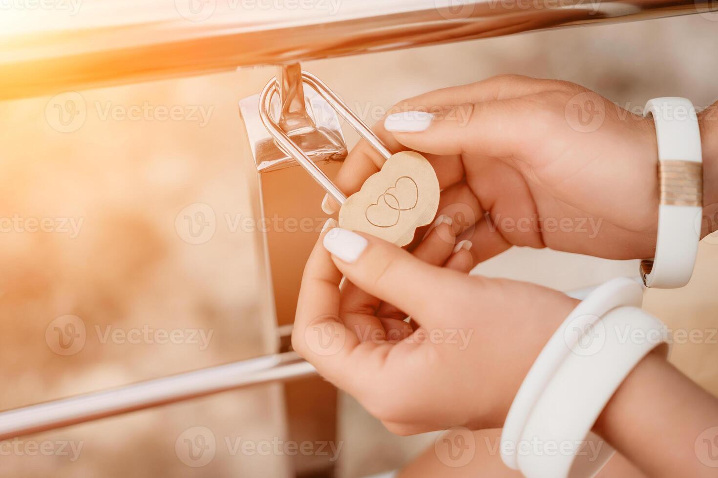 Hands, lock, heart, love, valentines day. Close-up of a woman's hands holding heart shaped padlock with a heart. The concept of Valentine's day, wedding, symbol of love and fidelity. photo