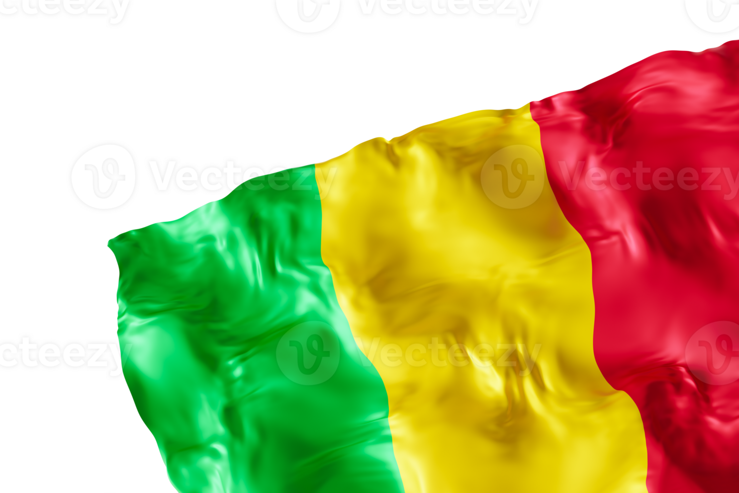 Realistic flag of Mali with folds, on transparent background. Footer, corner design element. Cut out. Perfect for patriotic themes or national event promotions. 3D render. png