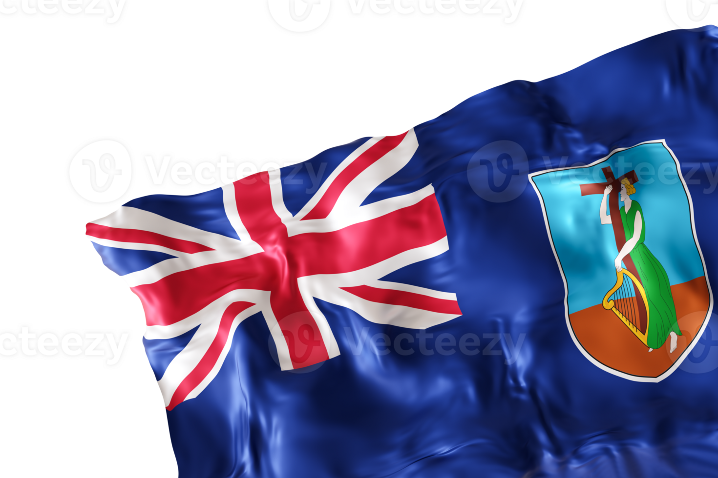 Realistic flag of Montserrat with folds, on transparent background. Footer, corner design element. Cut out. Perfect for patriotic themes or national event promotions. 3D render. png
