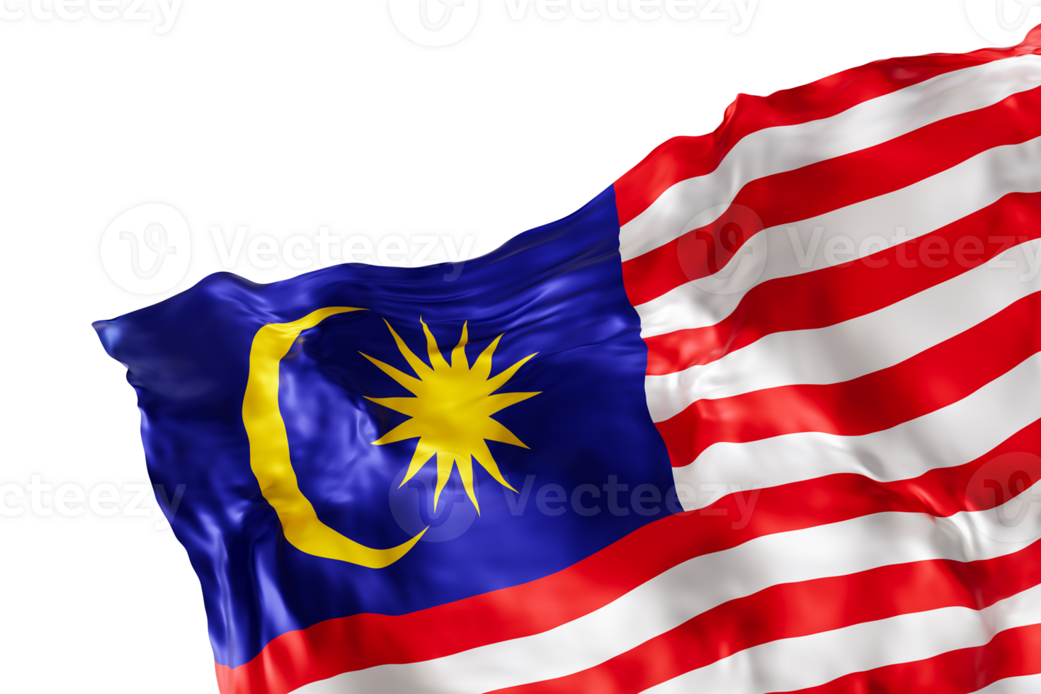 Realistic flag of Malaysia with folds, on transparent background. Footer, corner design element. Cut out. Perfect for patriotic themes or national event promotions. 3D render. png
