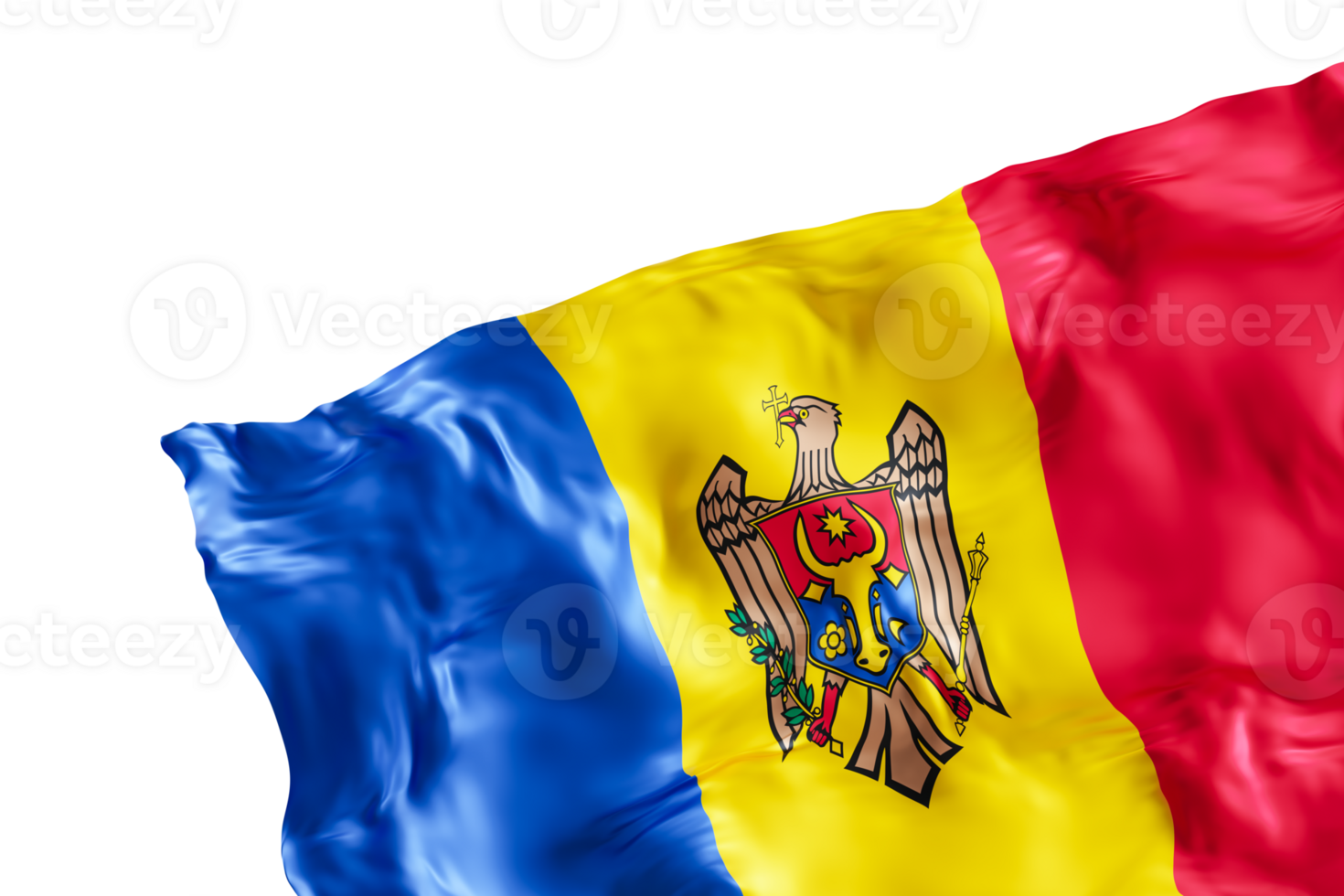 Realistic flag of Moldova with folds, on transparent background. Footer, corner design element. Cut out. Perfect for patriotic themes or national event promotions. 3D render. png