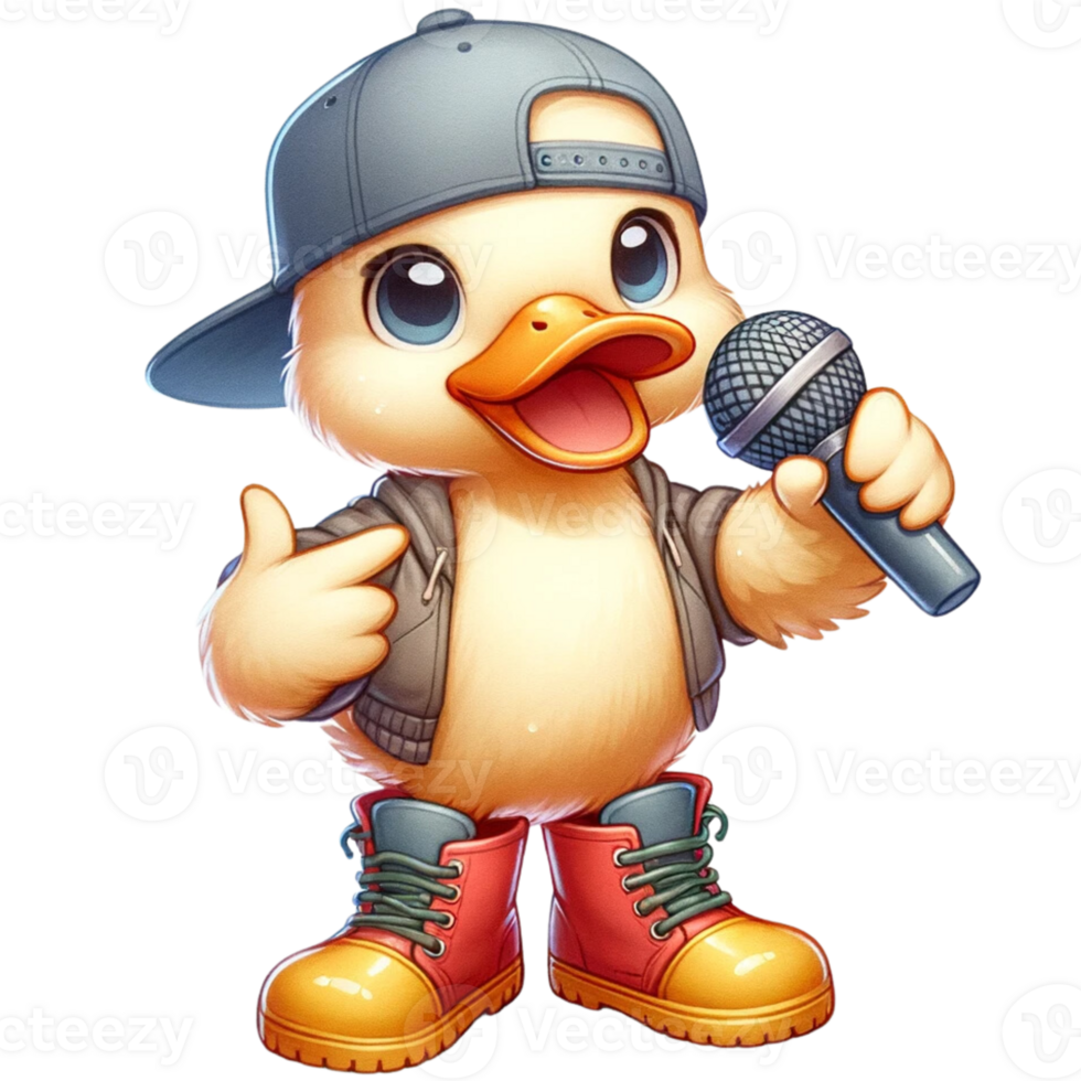 Watercolor illustration of A Hiphop duck in rubber boots and a flat brimmed cap, holding a microphone. png