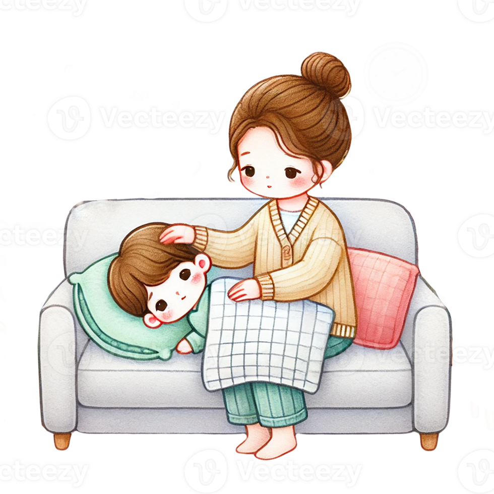 Watercolor illustration of Child resting on a sofa at home with a parent png