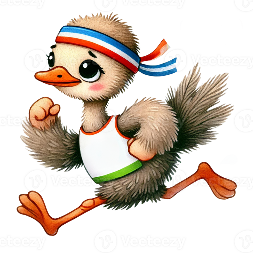 A cute cartoon ostrich wearing a headband and tank top runs watercolor isolate transparent background. png
