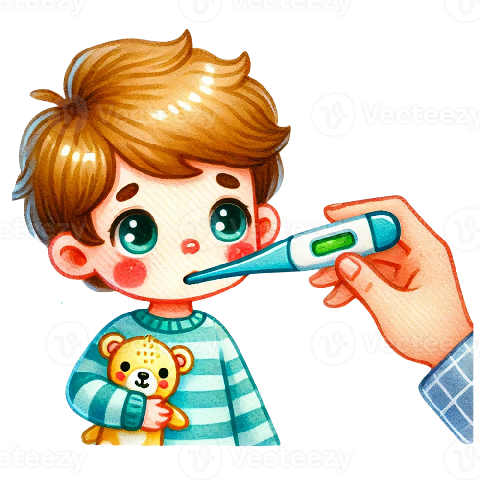 Watercolor illustration of Child with a thermometer png