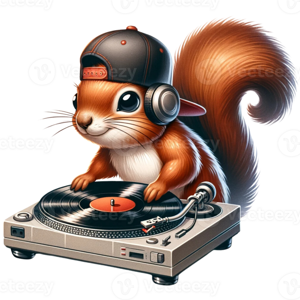 A squirrel in Hiphop style with a backwards cap, spinning records watercolor illustration png