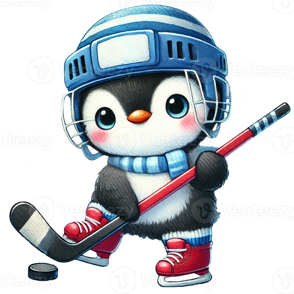 Cute penguin in hockey gear holding a stick with a puck on the ice. watercolor isolate transparent background. png