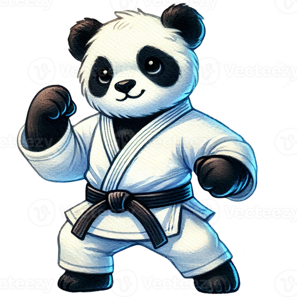 Cute panda bear wearing a white karate uniform and black belt, standing in a fighting pose. watercolor isolate transparent background. png