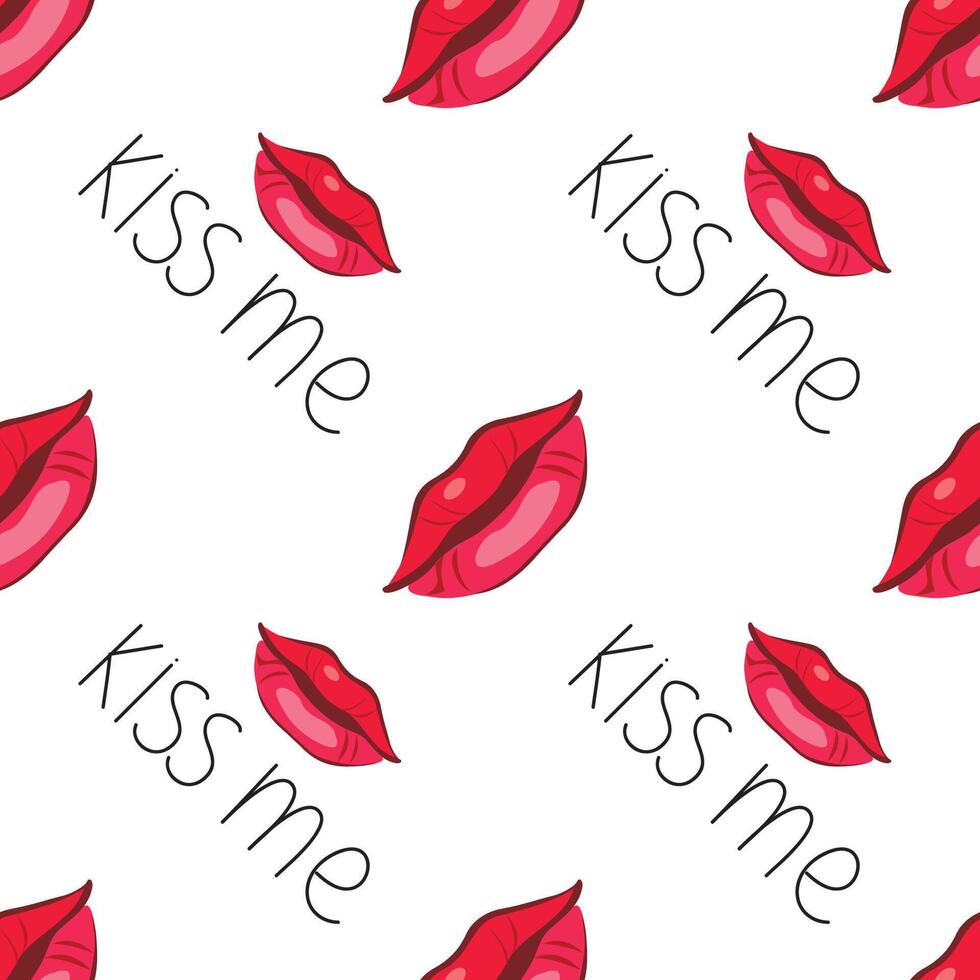 Lips seamless pattern. Kiss me lettering vector
