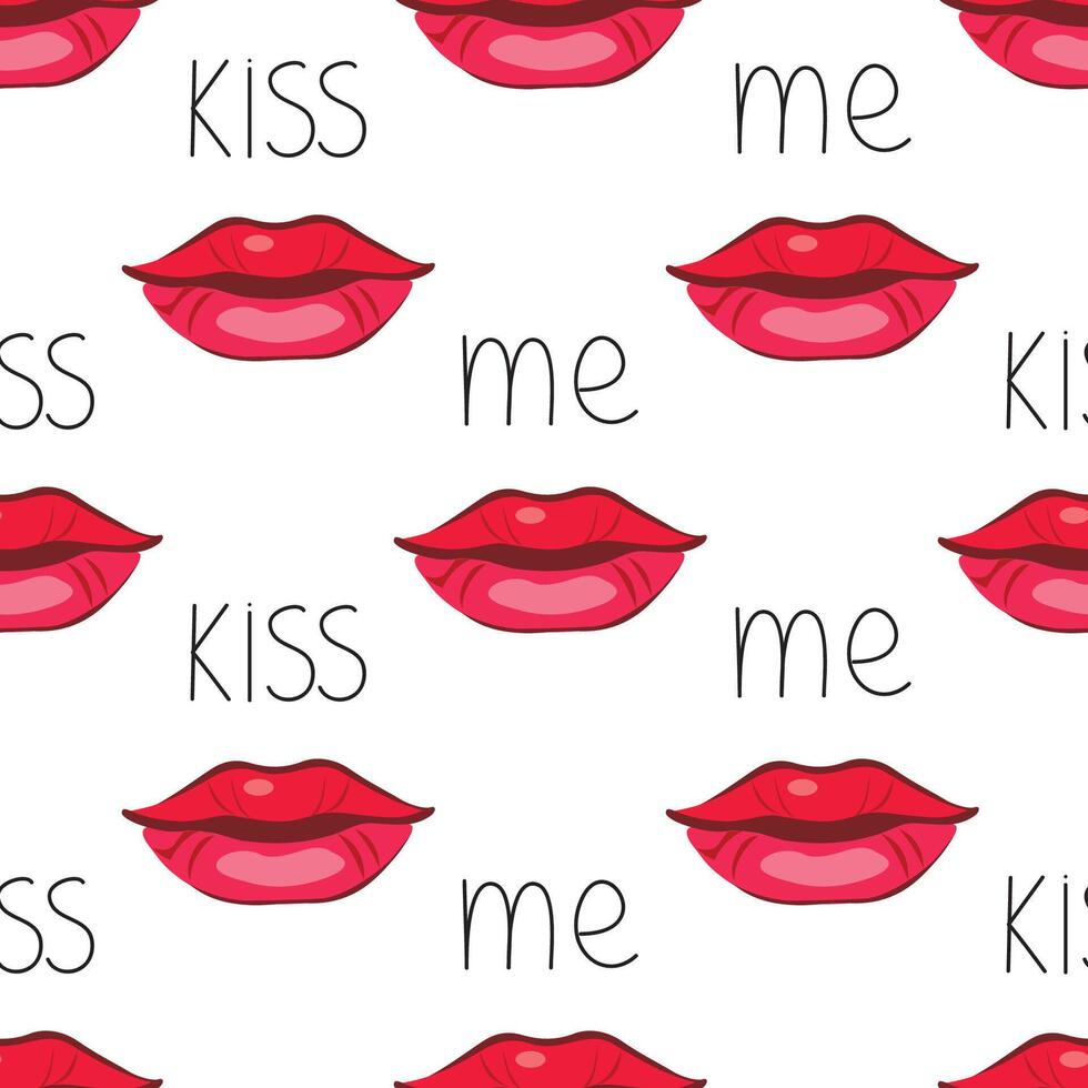 Lips seamless pattern. Kiss me lettering vector