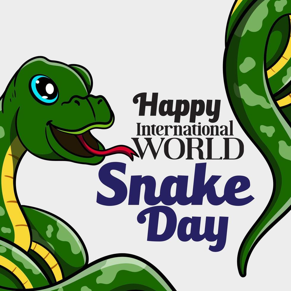 banner for World Snake Day at 16th of July with cartoon rattlesnake, typography. Holiday concept for website, poster, background, card to raise awareness about importance of snakes. vector