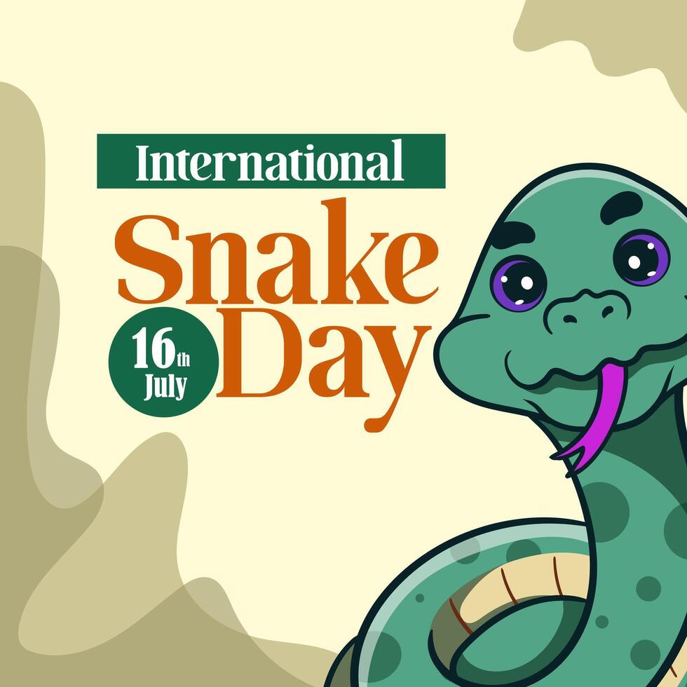 banner for World Snake Day at 16th of July with cartoon rattlesnake, typography. Holiday concept for website, poster, background, card to raise awareness about importance of snakes. vector