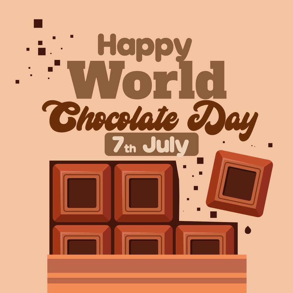 World Chocolate Day July 7 Poster chocolate bars, chocolate truffle, chocolate bombs, and sprinkles for a banner, poster, or postcard, background. vector