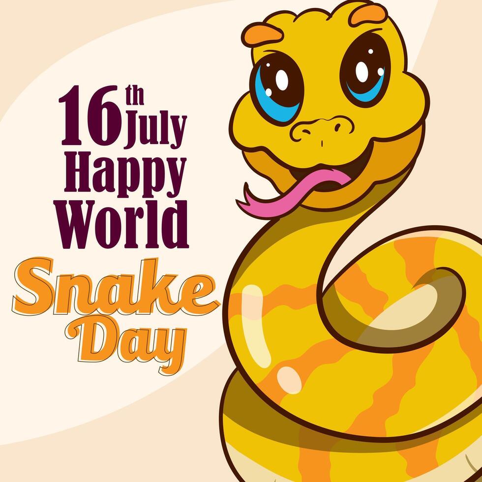 banner for World Snake Day at 16th of July with cartoon rattlesnake, typography. Holiday concept for website, poster, background, card to raise awareness about importance of snakes. vector