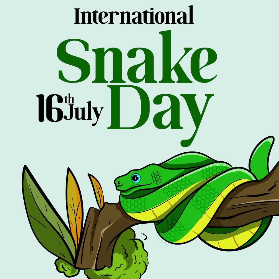 banner for World Snake Day at 16th of July with cartoon rattlesnake, typography. Holiday concept for website, poster, background, card to raise awareness about importance of snakes. vector