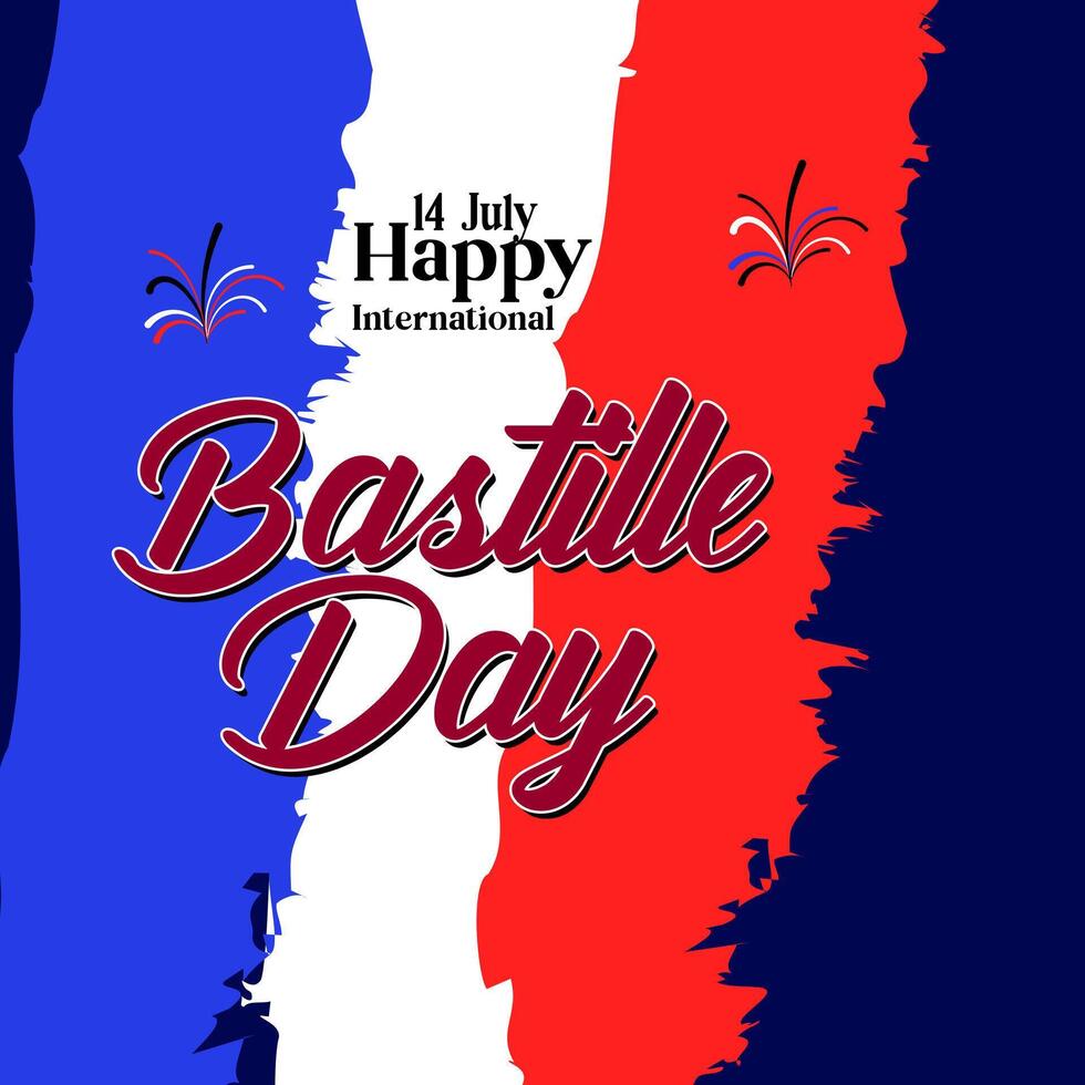 Poster happy Bastille day france greetings Celebration Fireworks Eiffel Tower in colors of French flag icon. French National Day July 14 vector