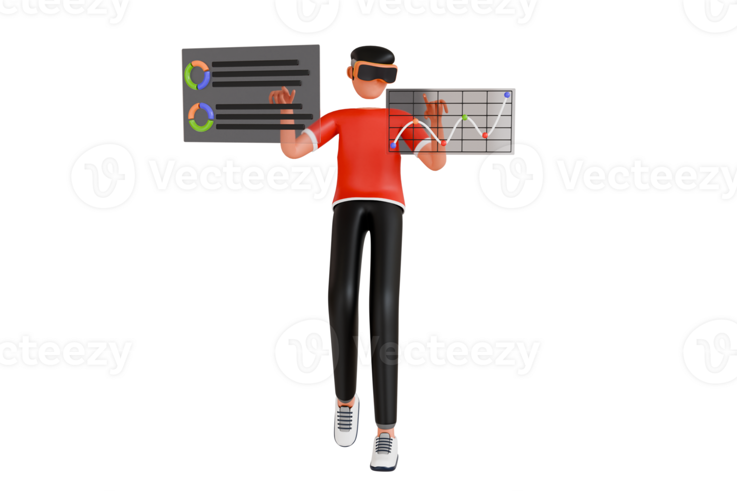 Man Doing Data Analysis in VR Tech 3D Illustration. Metaverse in virtual reality business workplace visualisation png