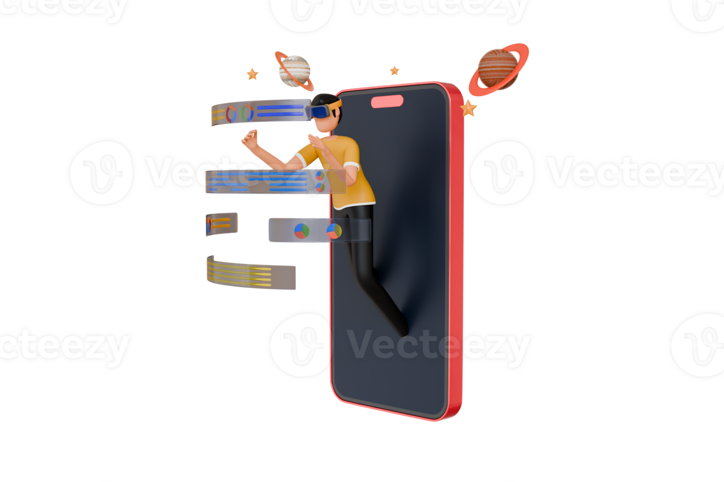Man Using Metaverse Technology 3D Illustration. man doing analysis using VR 3D Illustration png