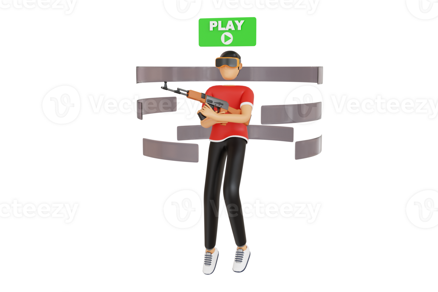 man playing shooting game in virtual reality 3d illustration. Man Playing VR Action Shooting Game 3D Illustration png