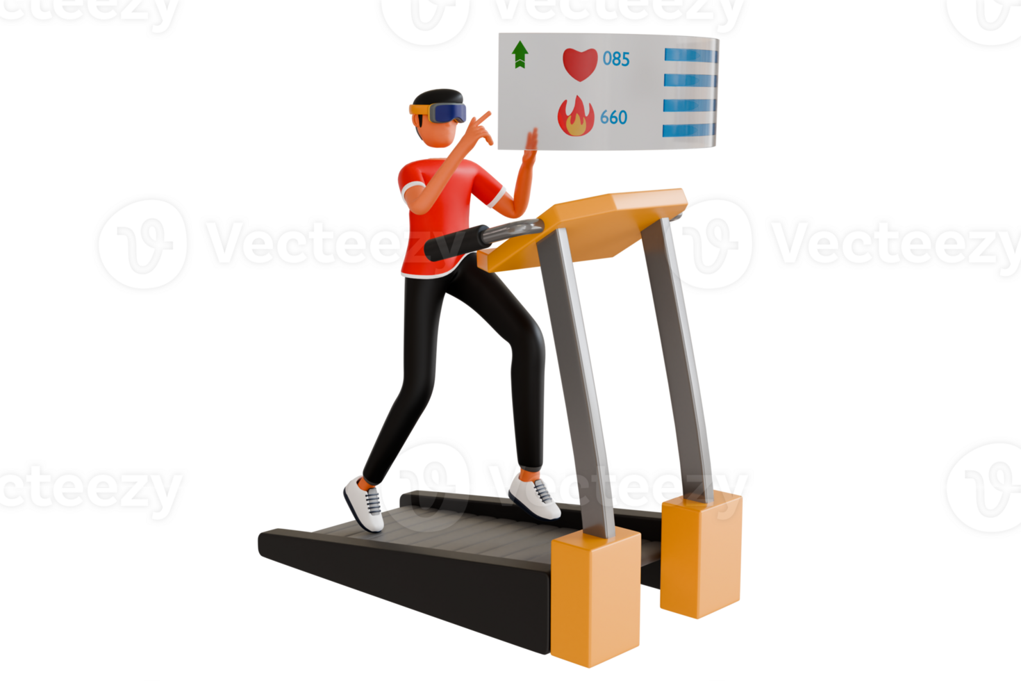 Man Wearing Vr Glass And Running On Treadmill 3D Illustration. man running on treadmill using VR 3D Illustration png
