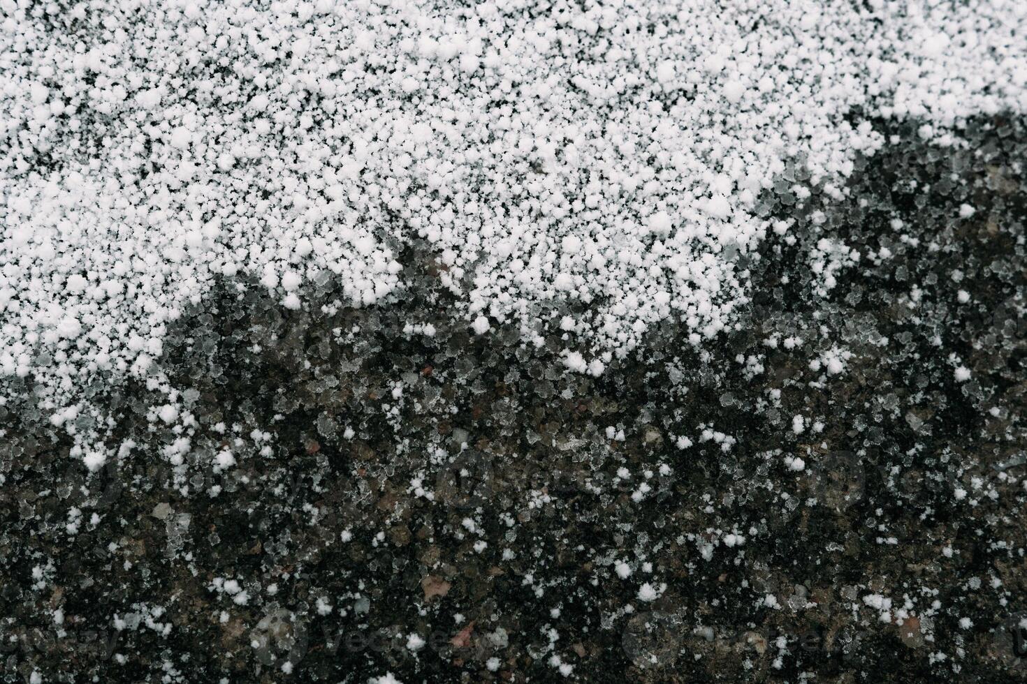 Selective focus. First snow on a frozen field plants, late autumn close-up. Beautiful abstract frozen microcosmos pattern. Freezing weather frost action in nature. Floral backdrop. photo