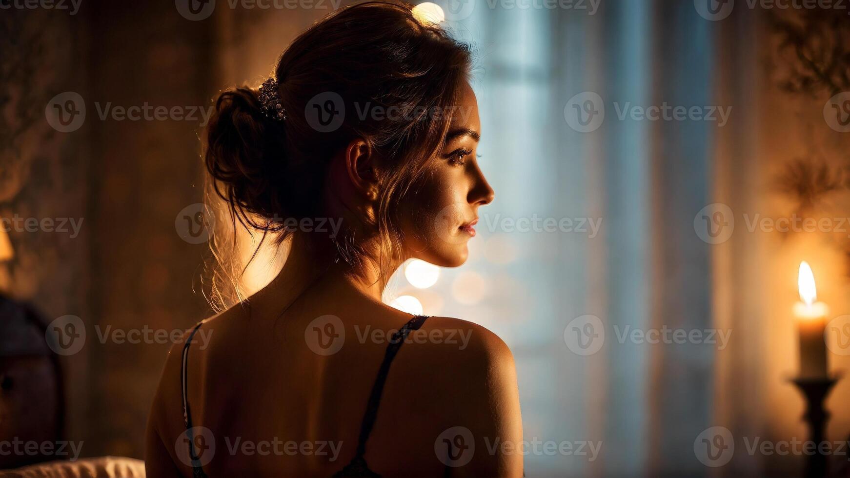 Woman in lingerie solemn back view candlelit ambiance happy and smiling silhouette view photo