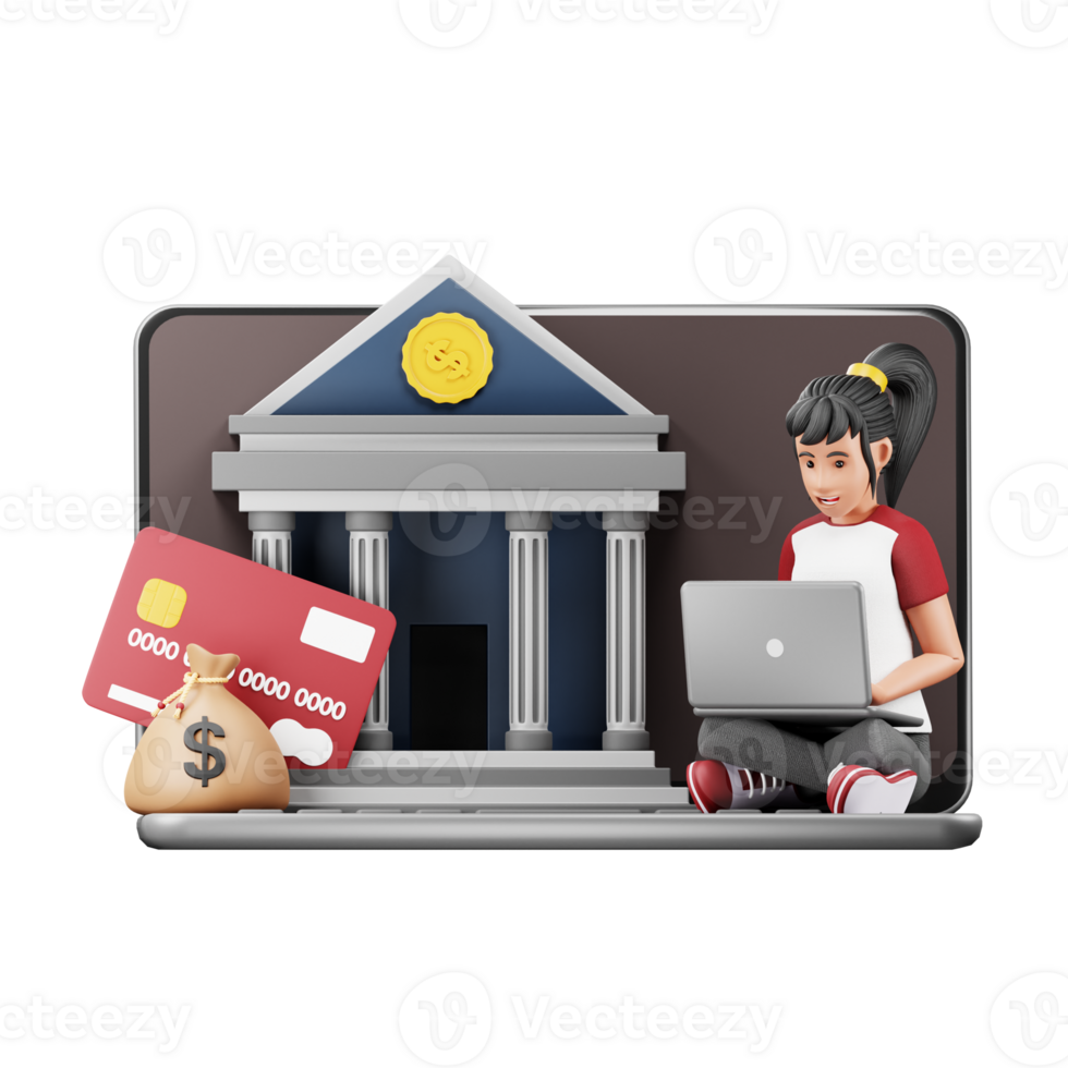 3D Woman Using Banking Services. Cartoon Character Illustration for Business and Financial Design png