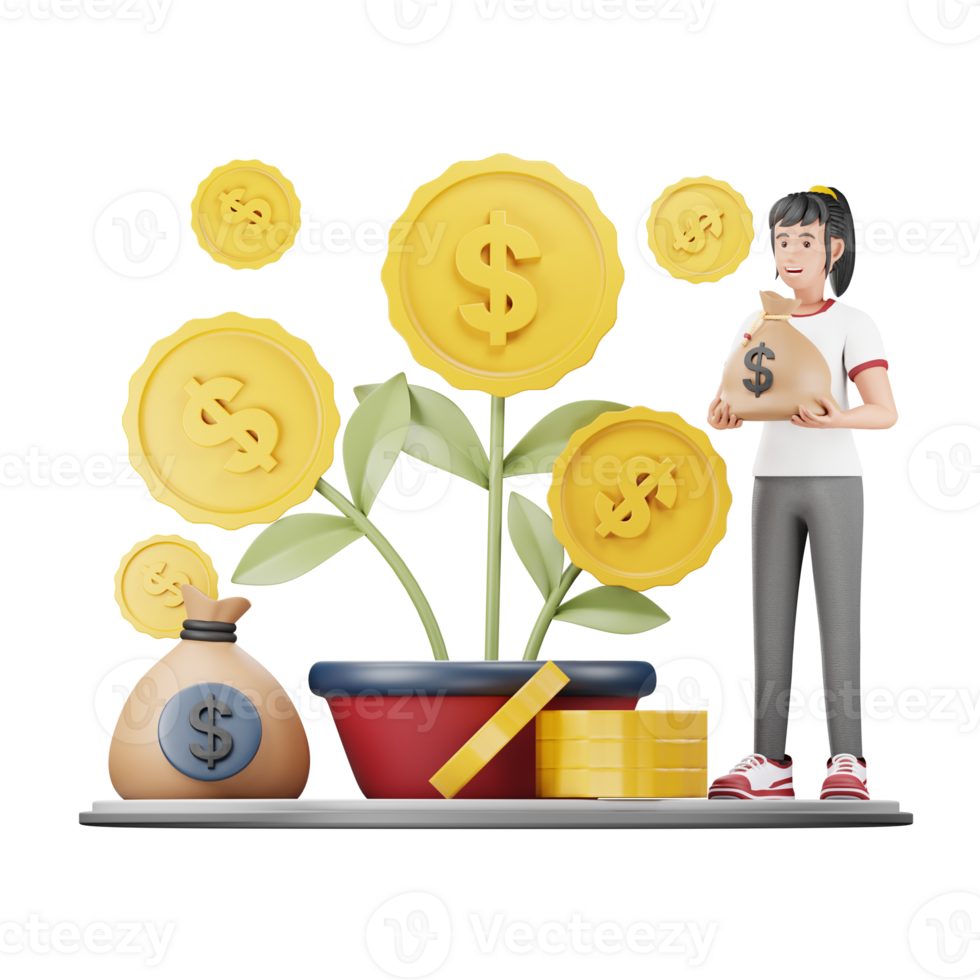3D Woman Investing in Mutual Funds. Cartoon Character Illustration for Business Design and Finance png