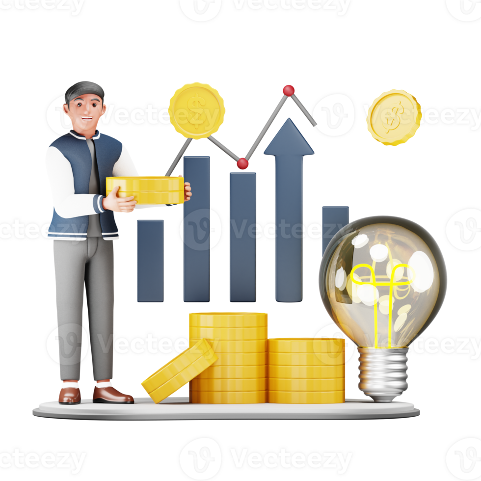 3D Businessman Gathering Venture Funding. Modern Cartoon Character Illustration for Corporate and Investment Themed Digital Art Projects png