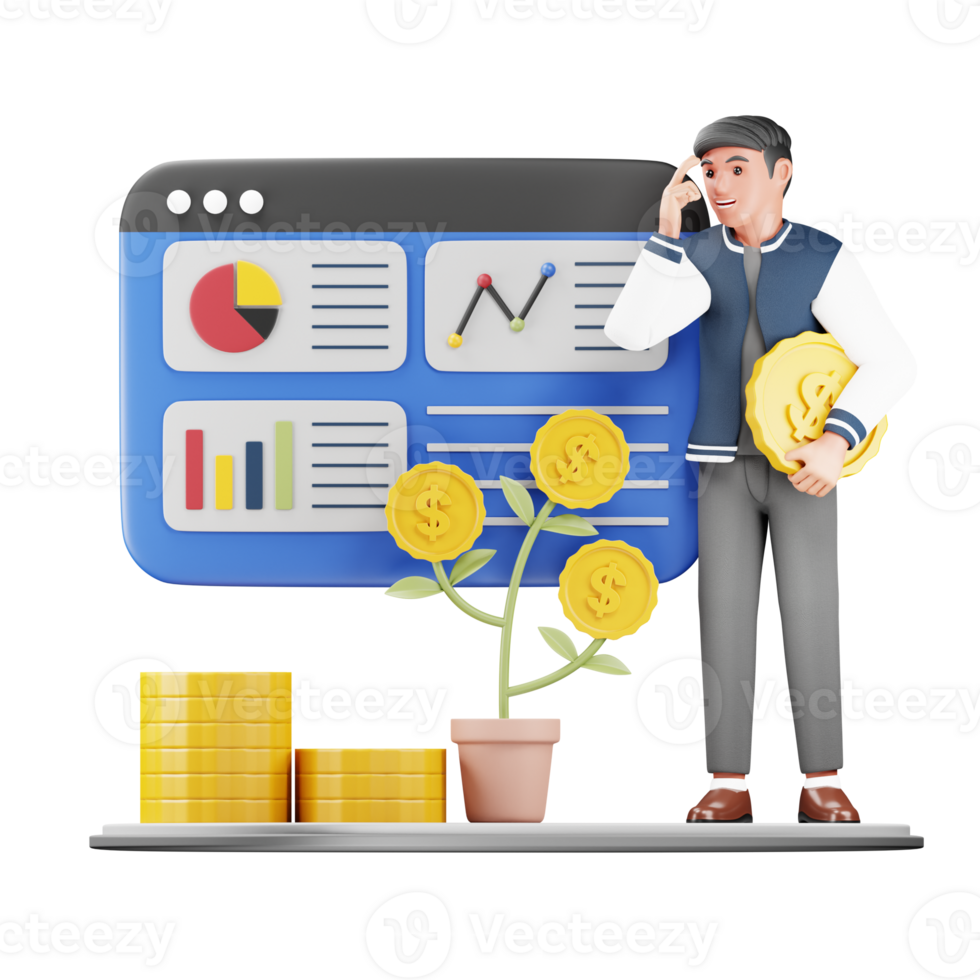 3D Businessman Thinking About Investment. Modern Cartoon Character Illustration for Business and Finance Digital Projects png