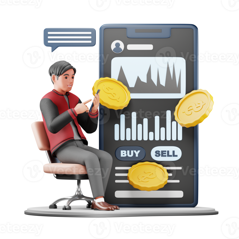 3D Character Investing in Stock Using Mobile App. Modern Cartoon Illustration for Finance and Investment Design png