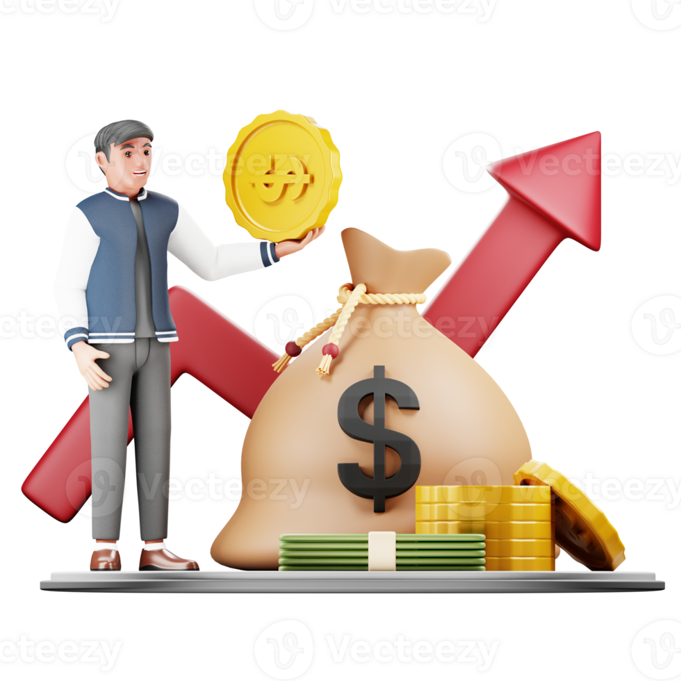 3D Character Illustrating Investment Saving Fund. Modern Cartoon Illustration for Financial and Investment Themed Digital Art Projects png