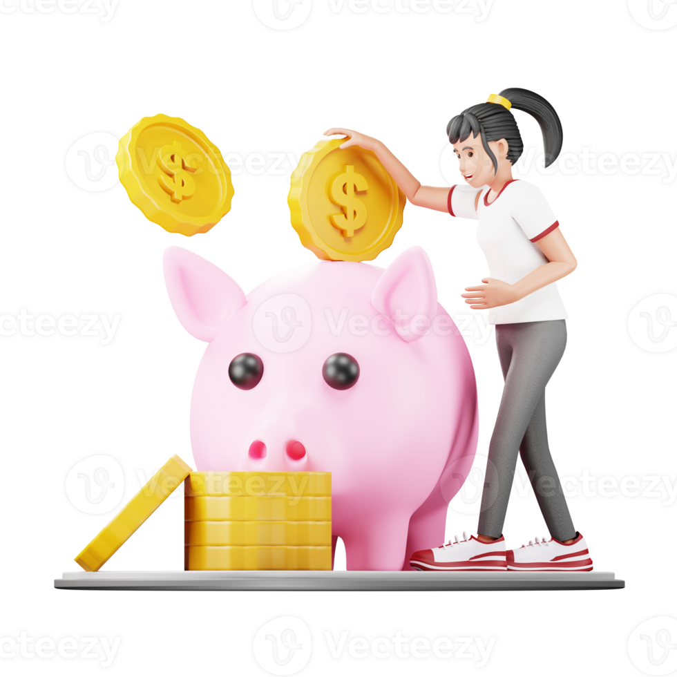 3D Woman Character Saving Money in Piggy Bank. Cartoon Illustration for Financial Planning Design and Savings png