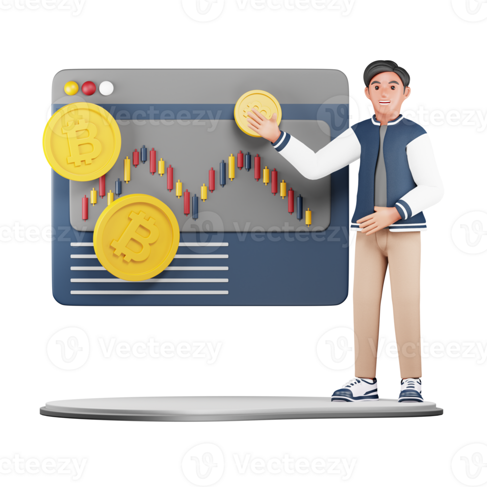 3D Character Illustration of a Boy Investing in Bitcoin. Showcasing Cryptocurrency and Blockchain Technology for Young Investors png