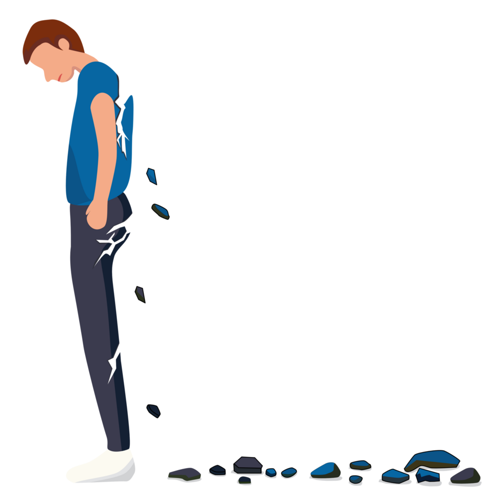 Very sad young man standing falling apart. png