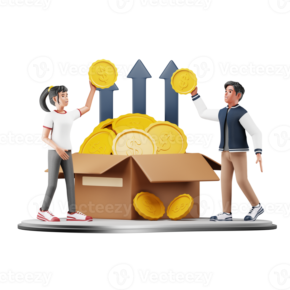 3D Character Man and Woman Gathering Crowdfunding. Cartoon Illustration for Business and Finance Projects png