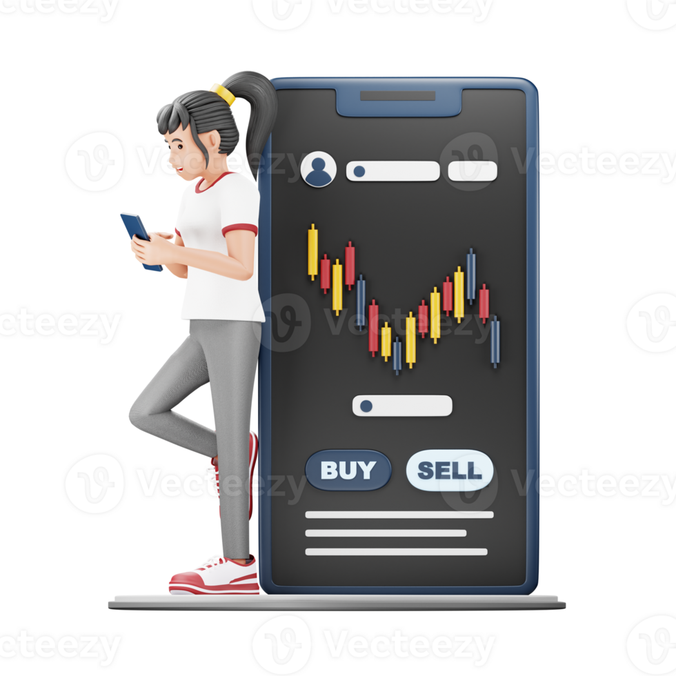 3D Woman Trading on Forex Market via Mobile App. Character Illustration for Business and Digital Art Projects png