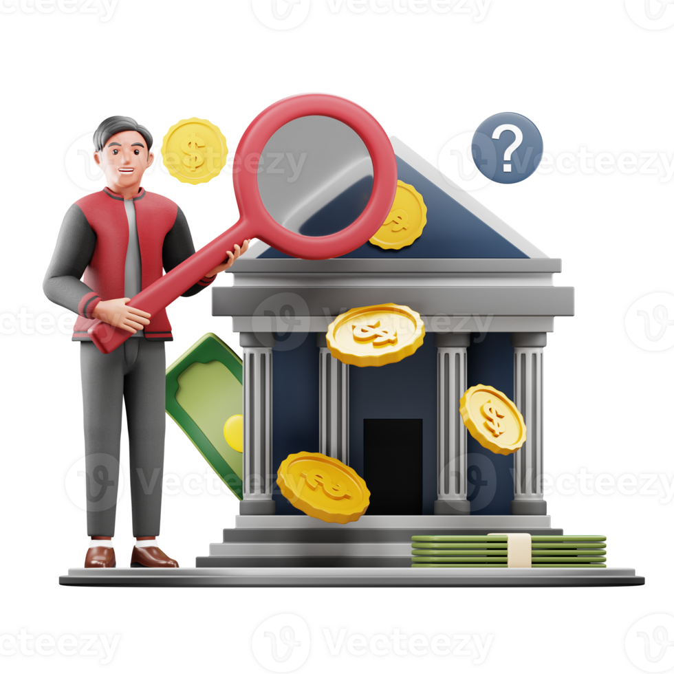 Man Searching for Loan in 3D Character Illustration. Cartoon Design for Financial and Loan Application png