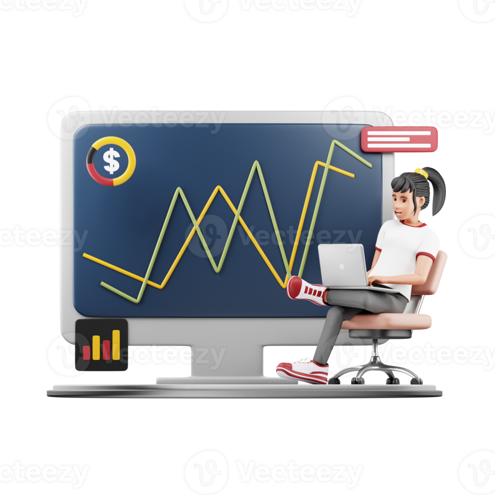 3D Woman Handling Financial Management. Cartoon Character Illustration for Business and Finance Projects png