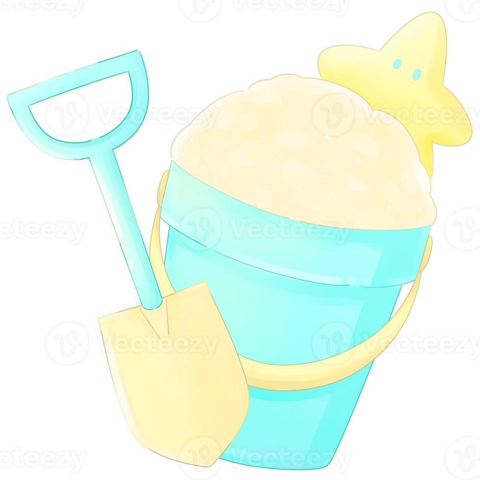 Blue Hawaiian Sand in blue bucket with shovel Hand drawn illustration png