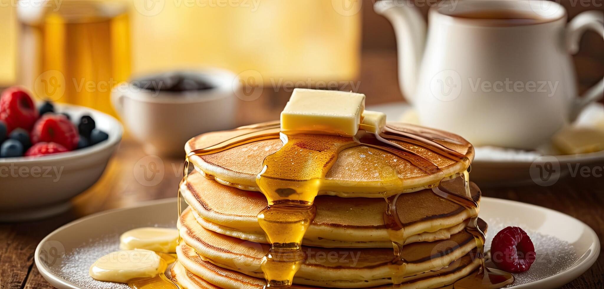 Pancakes, butter, syrup. Stack of golden pancakes on white plate, melting butter on top, syrup pouring over, steam rising. photo