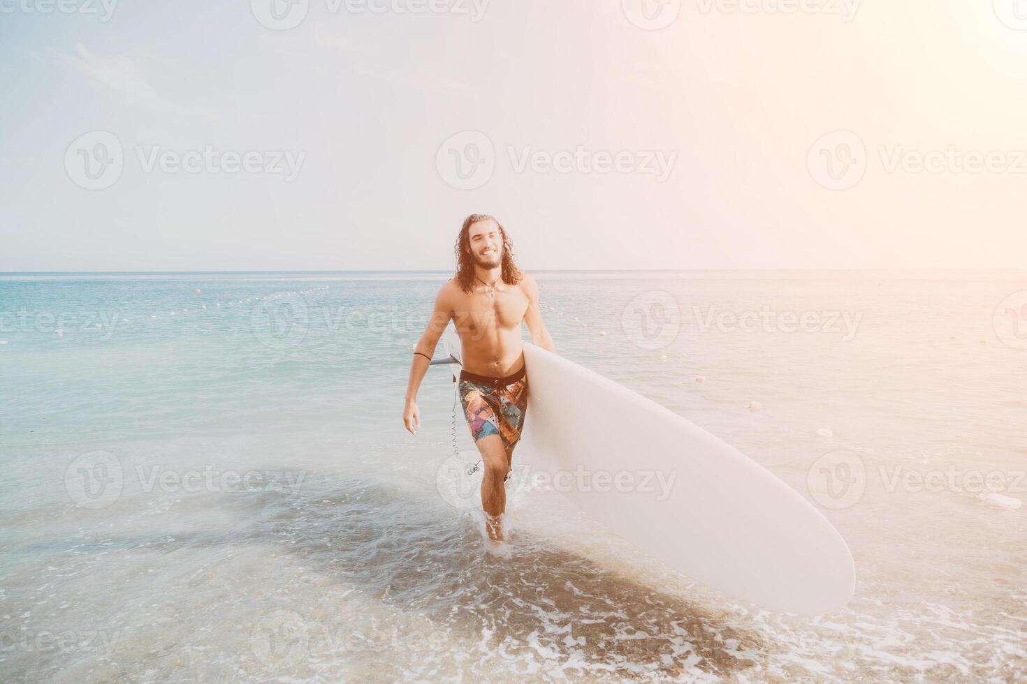 Sea man sup. Asian athlete man swimming in sea and paddleboarding at summer sunset. Healthy strong male enjoy outdoor active lifestyle and water sports on holiday vacation. Slow motion photo